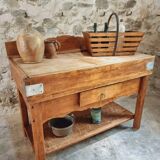 Table de boucher française vintage – Bloc de hêtre des années 1960 – Table de boucher avec tiroir et étagère