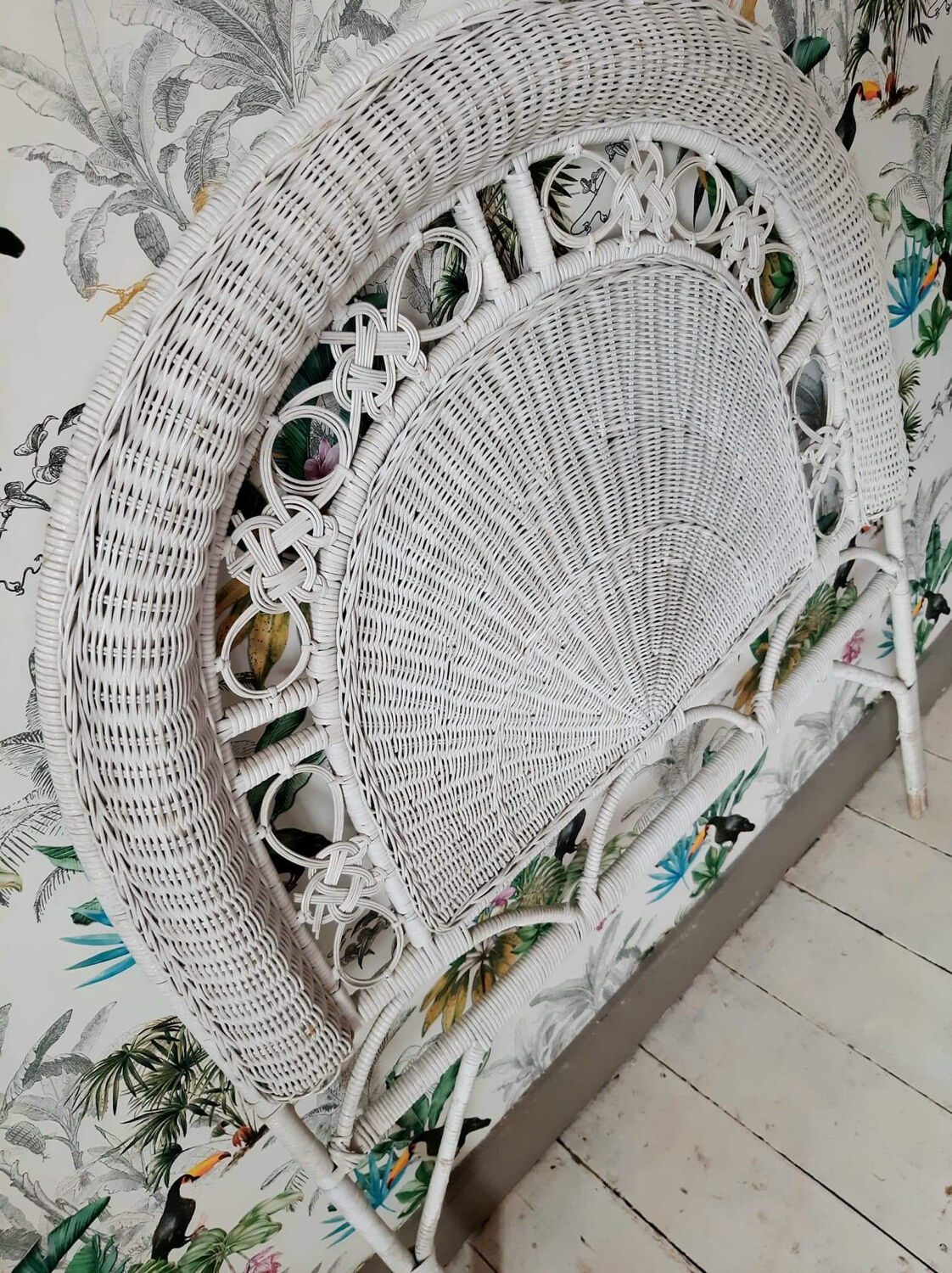 Vintage wicker and rattan headboard, antique peacock furniture for bedroom