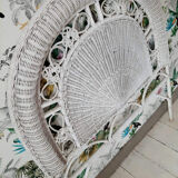 Vintage wicker and rattan headboard, antique peacock furniture for bedroom