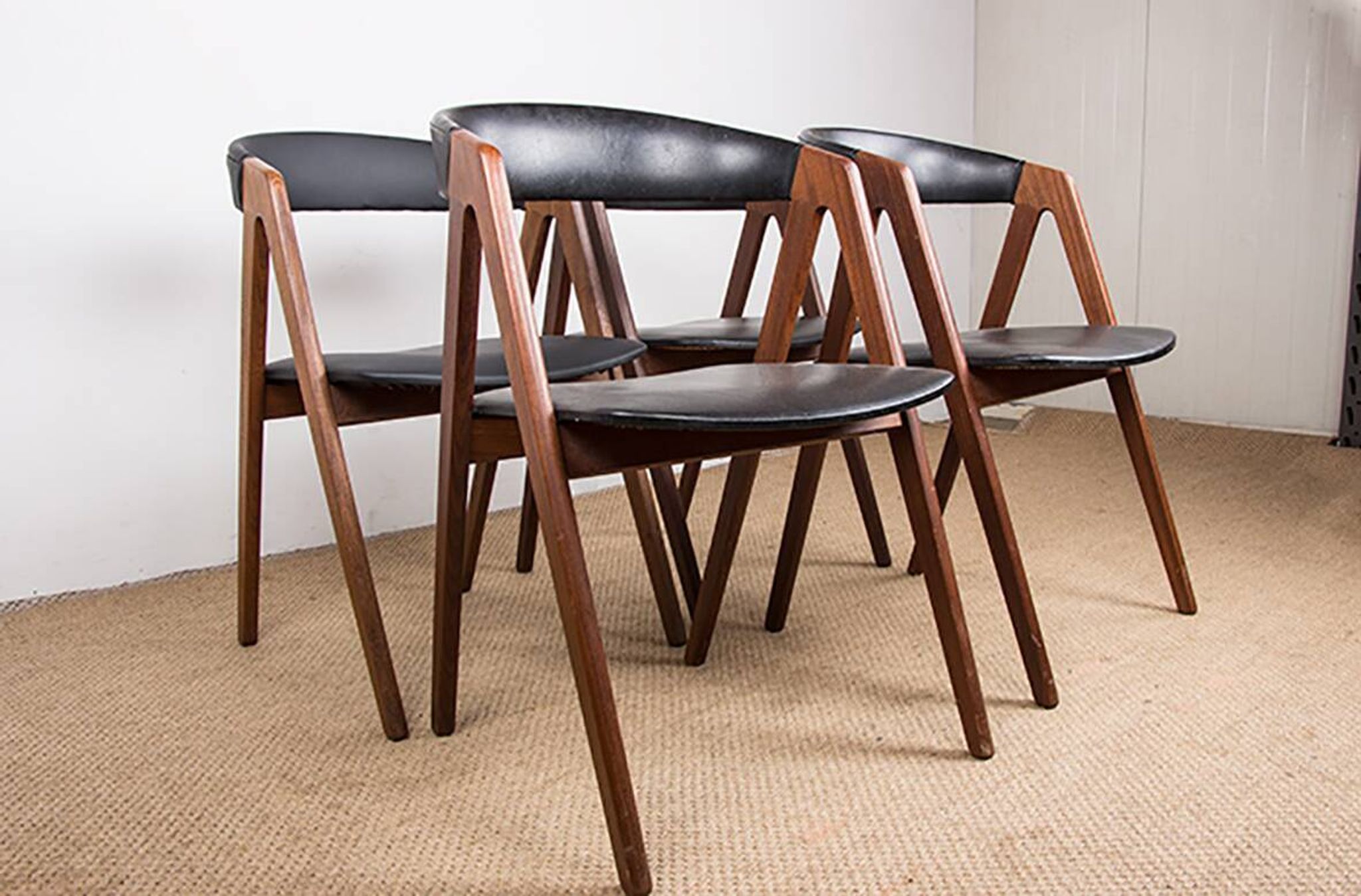 4 Danish chairs in afromosia and leatherette model 205 by Thomas Harlev