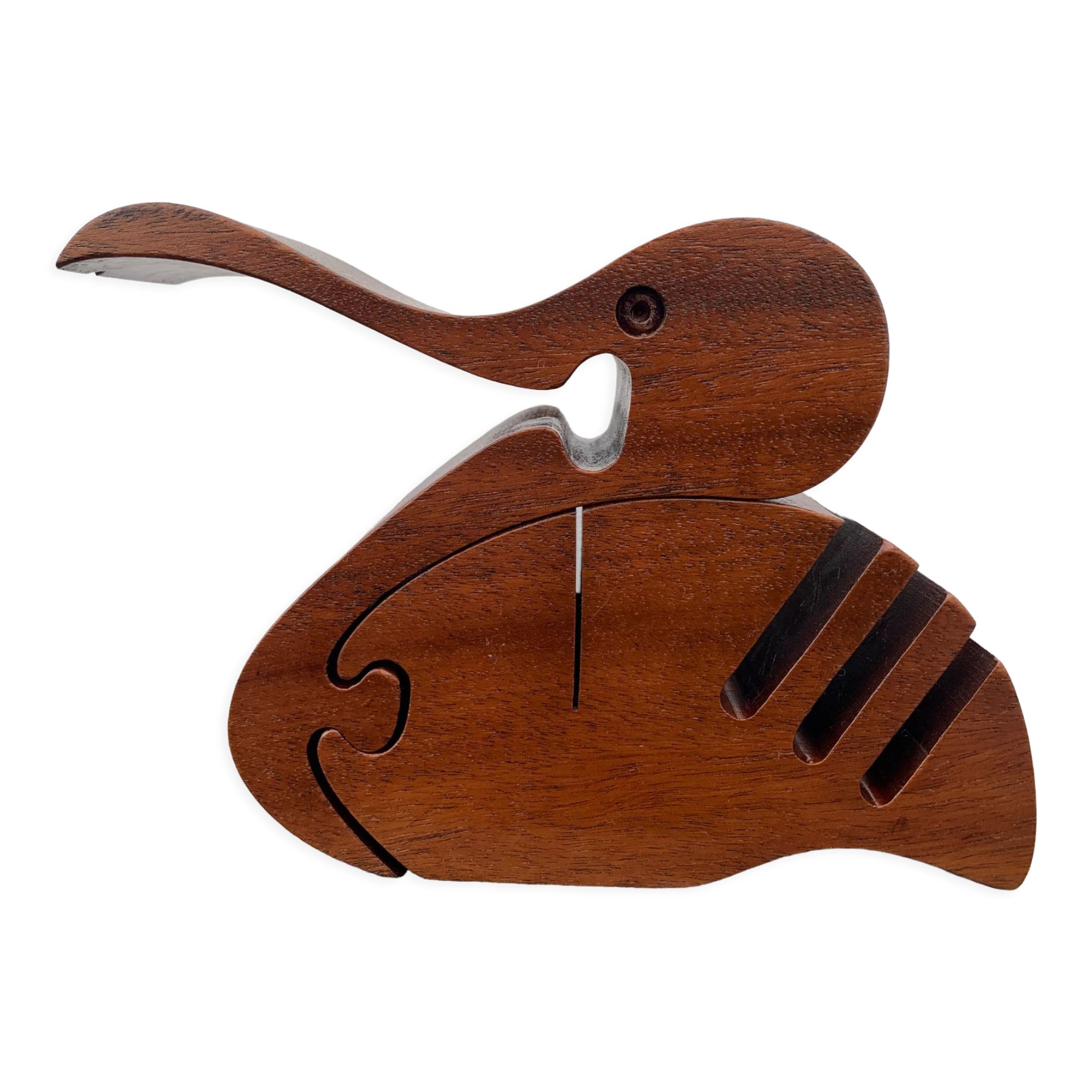 Mail rack, pencil holder, rack staples in Scandinavian wood signed, vintage, zoomorphic, pelican