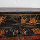 Antique wooden chest with lotus flower illustrations (China, circa 1900)