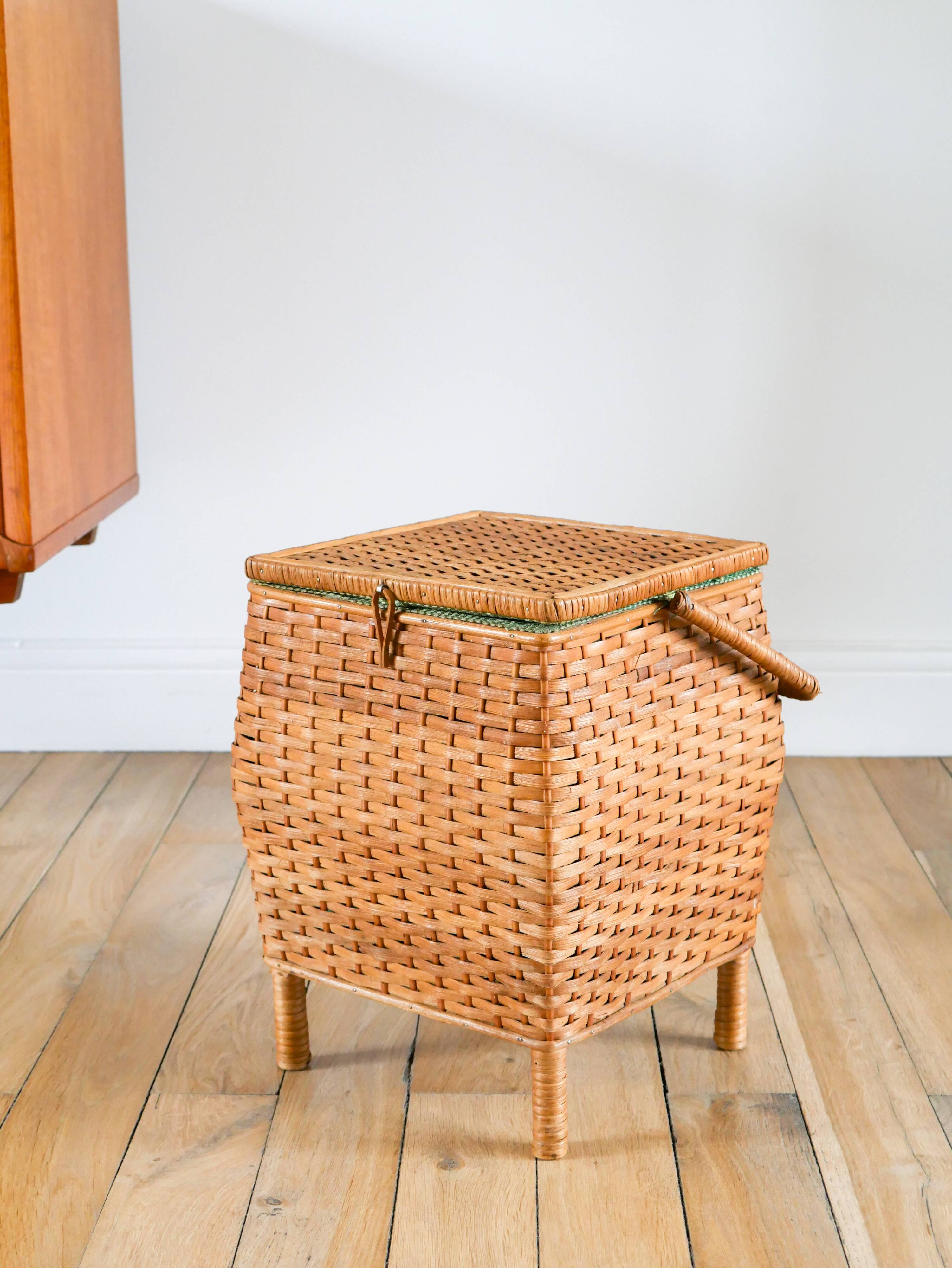 Little rattan worker, vintage green fabric interior, 1960