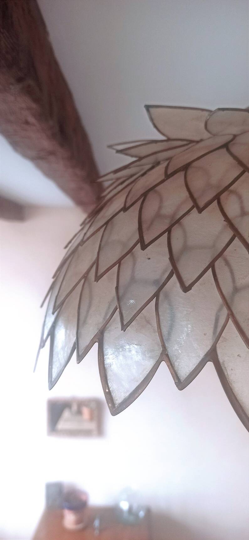 Large old chandelier in the shape of lotus flowers in mother-of-pearl and brass/ lotus flower ceiling light