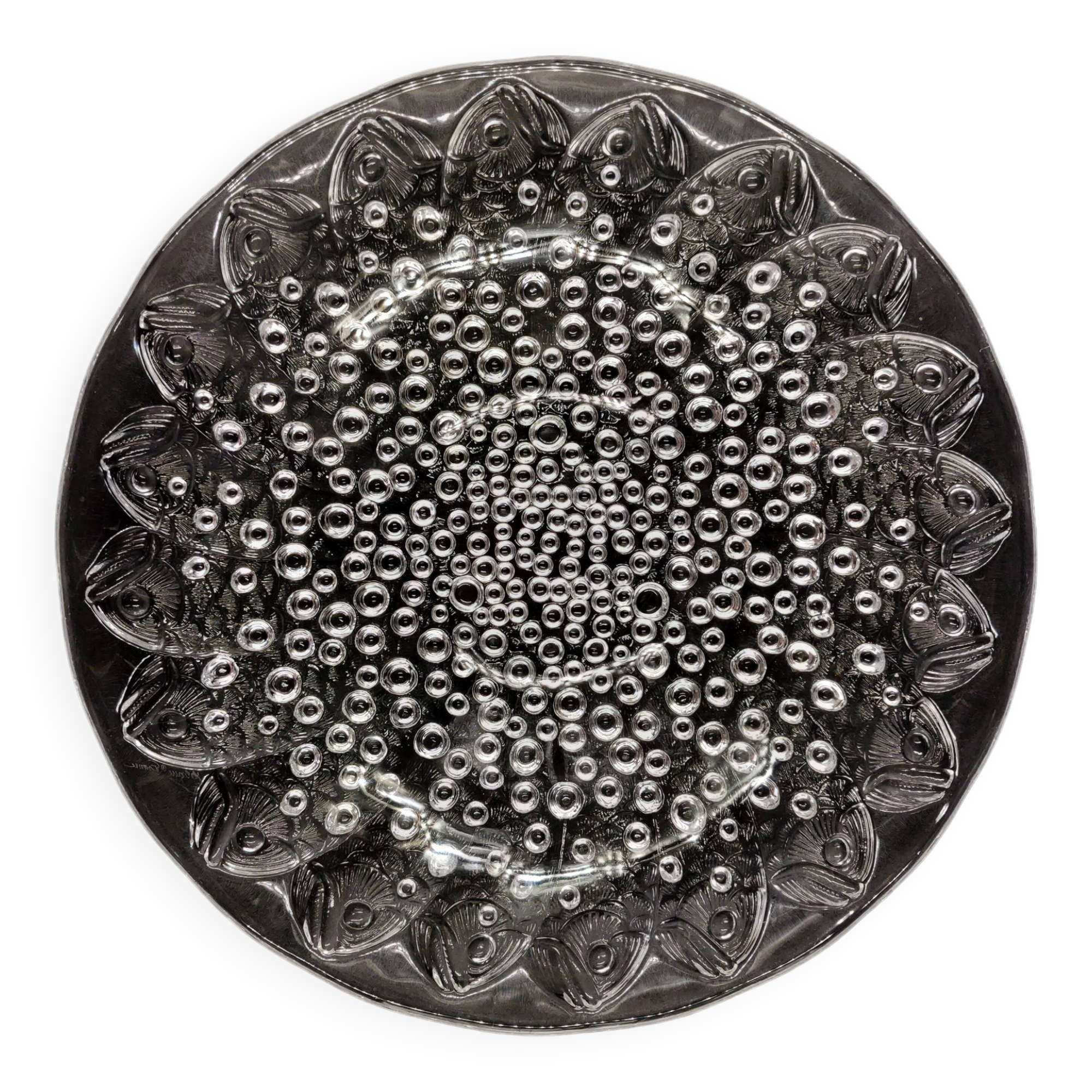 Large Art Deco glass bowl by René Lalique with fishes and bubbles, France 1930s