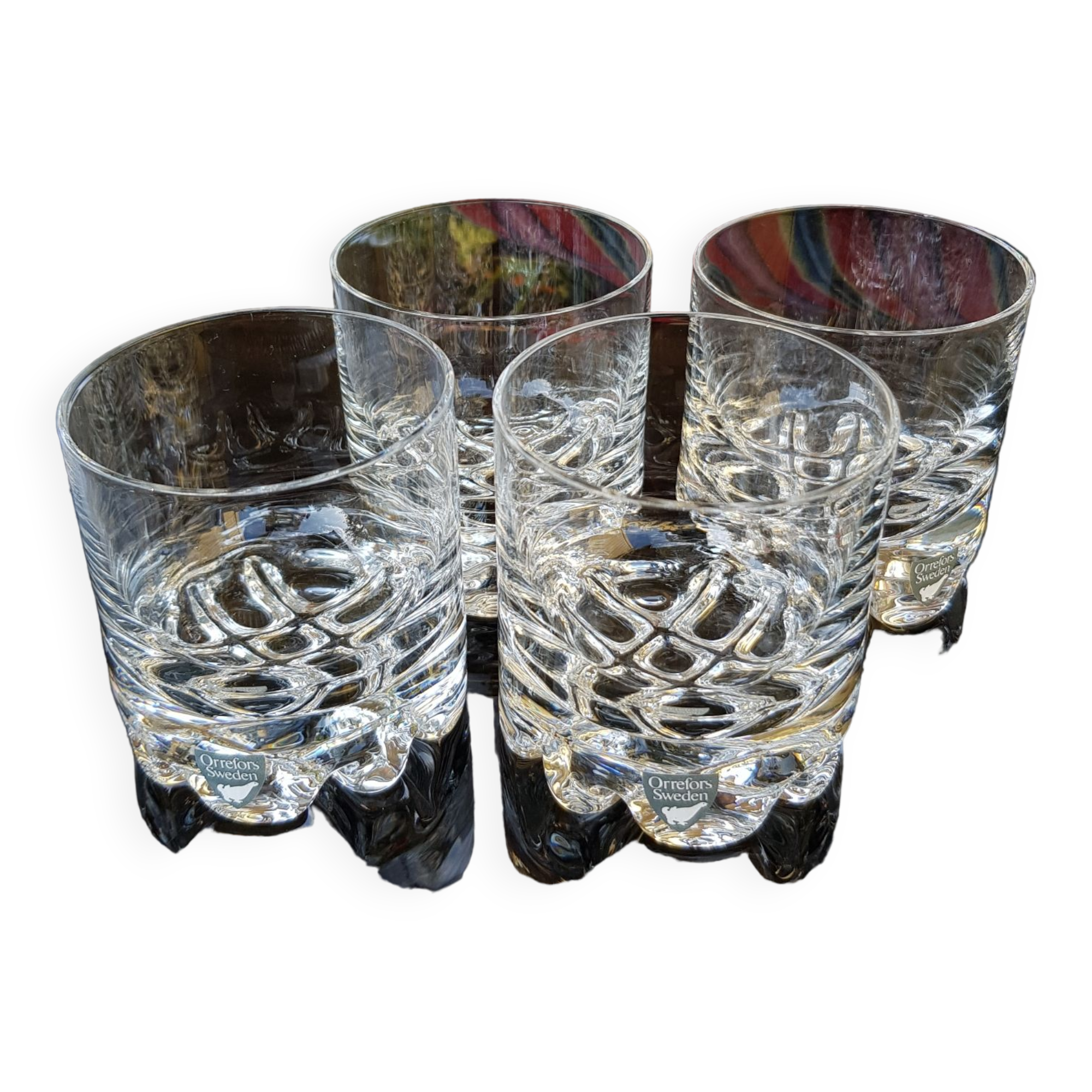 4 vintage Orrefors whiskey glasses designed by Olle Alberius, Sweden 1960s