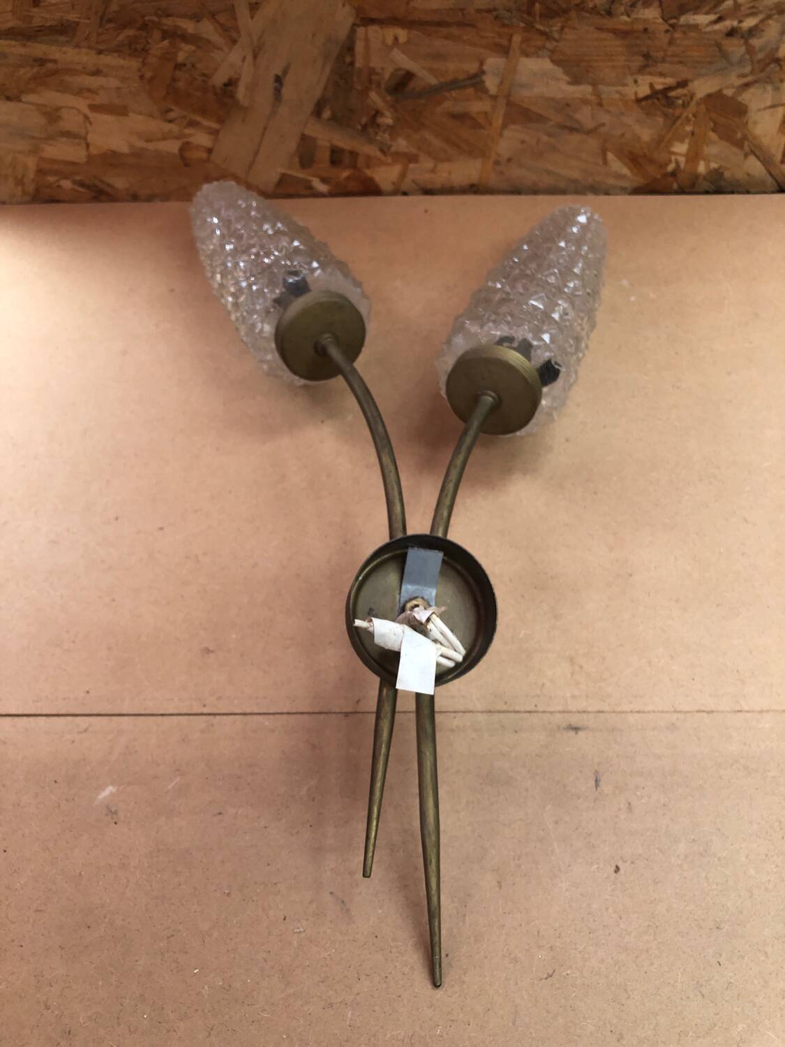 Old Double Brass Wall Lamp + Vintage Molded Glass Tulips