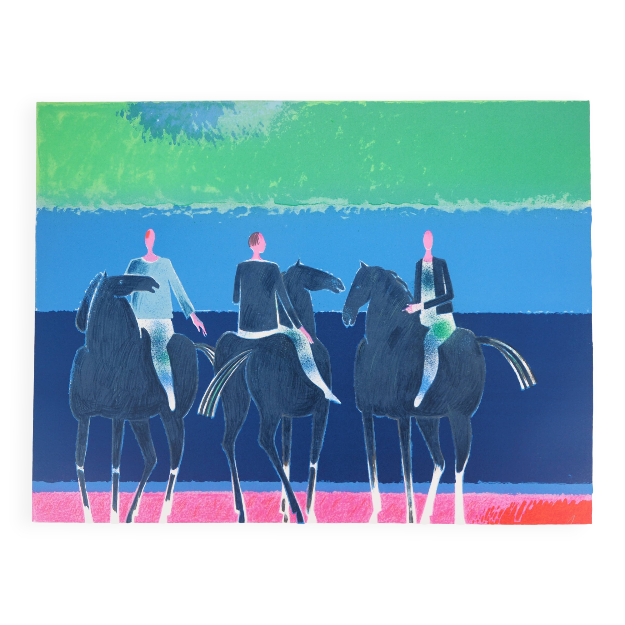 Albert zavaro :  le trio de cavaliers - lithographie originale signée