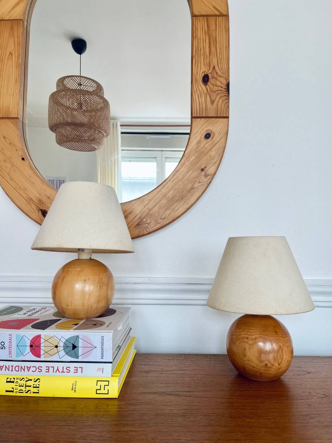 Pair of vintage wooden ball lamps