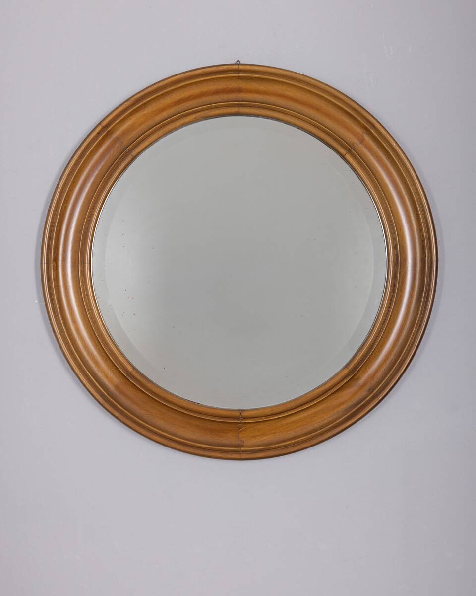 Vintage 1970s round wall mirror in walnut wood, Italian design