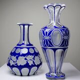 Pair of small crystal vases "overlay" cut with antique blue and white enamel