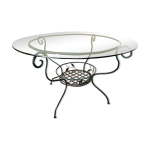 Table ronde en fer forgé avec plateau en verre securit de 130 de diamètre + 4 chaises avec galettes