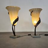Large Jugendstil floor / table lamps, Roberto Galli, stone base with Italian glass shade