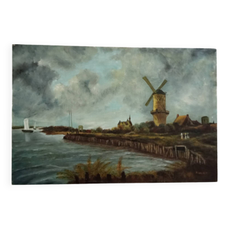 Dutch mill painting oil on canvas signed