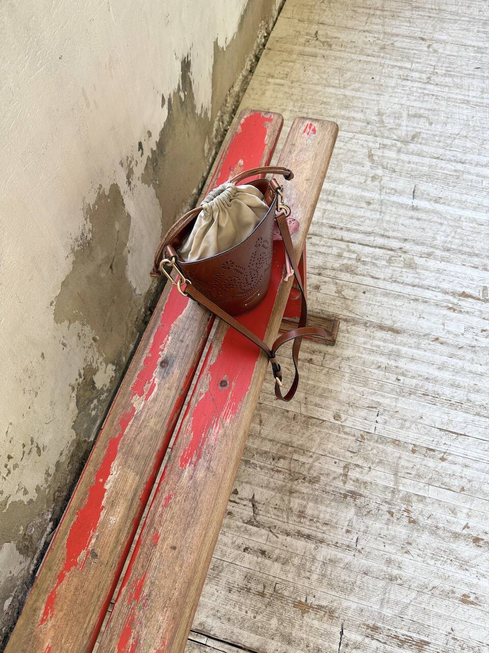 1950s oak bench with red patina, 2m