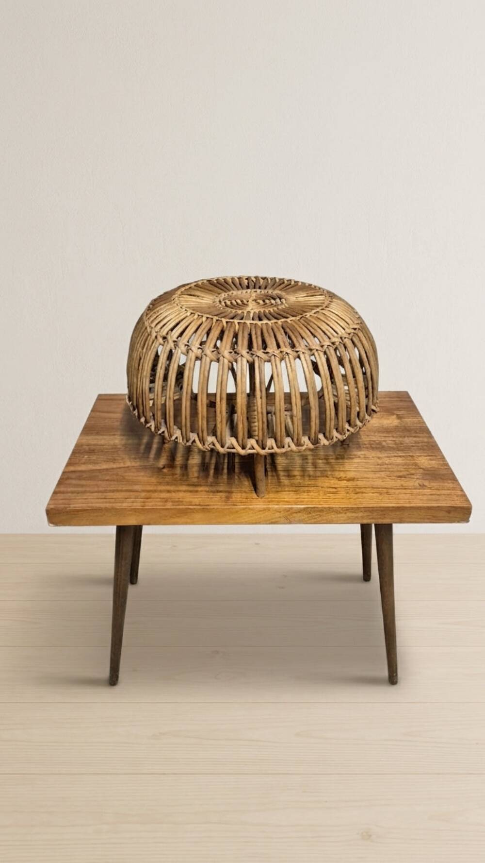 Mid-century woven rattan ottoman by Franco Albini, 1950s, Italy, 50 × 50 × 30 cm