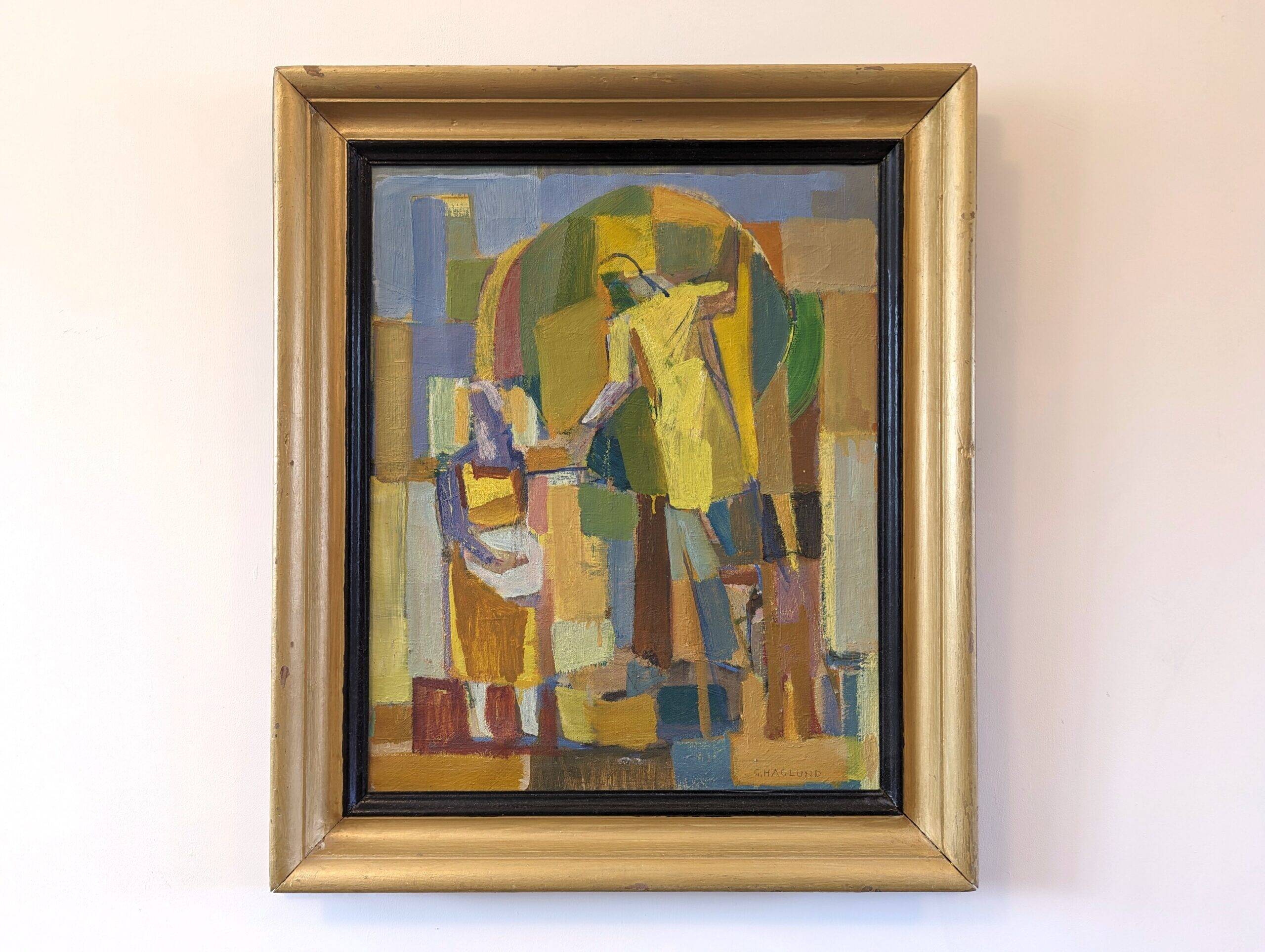 Mid-Century Modern Swedish "The Fruit Tree Pickers" Vintage Oil Painting, Framed