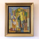 Mid-Century Modern Swedish "The Fruit Tree Pickers" Vintage Oil Painting, Framed