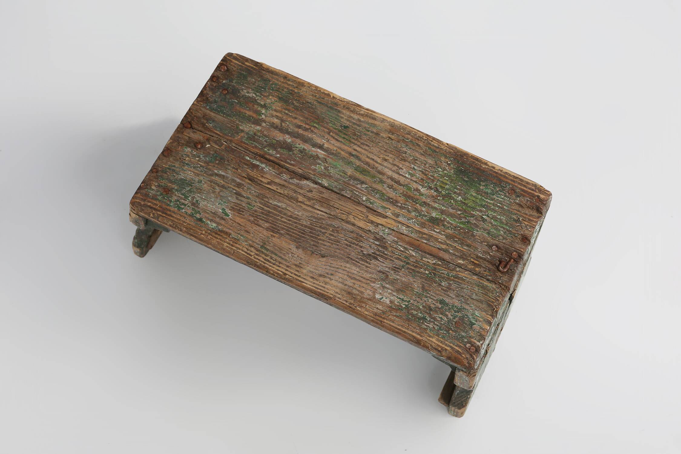 Industrial green wooden stool with nice patina, France 1900
