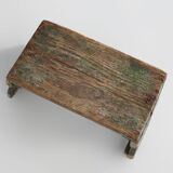 Industrial green wooden stool with nice patina, France 1900