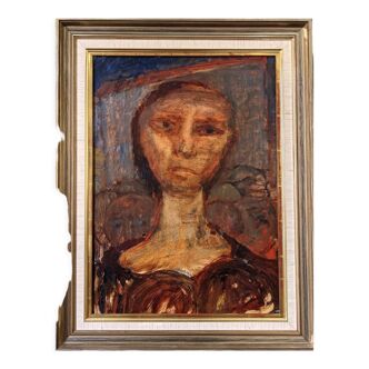 Mid-century modern "portrait in sepia" swedish figure portrait oil painting, framed