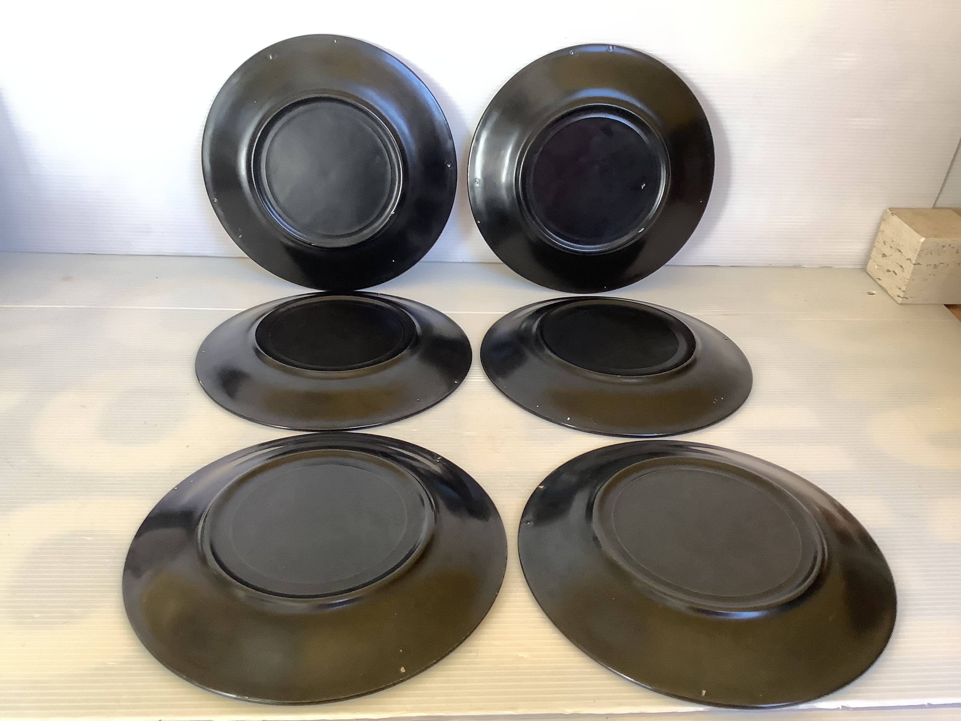 Six black glazed ceramic dessert plates