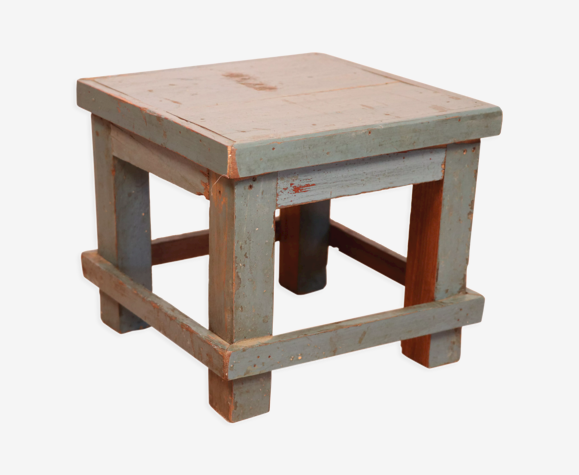 Ancienne table de chevet d'atelier en teck birman patine bleue d'origine