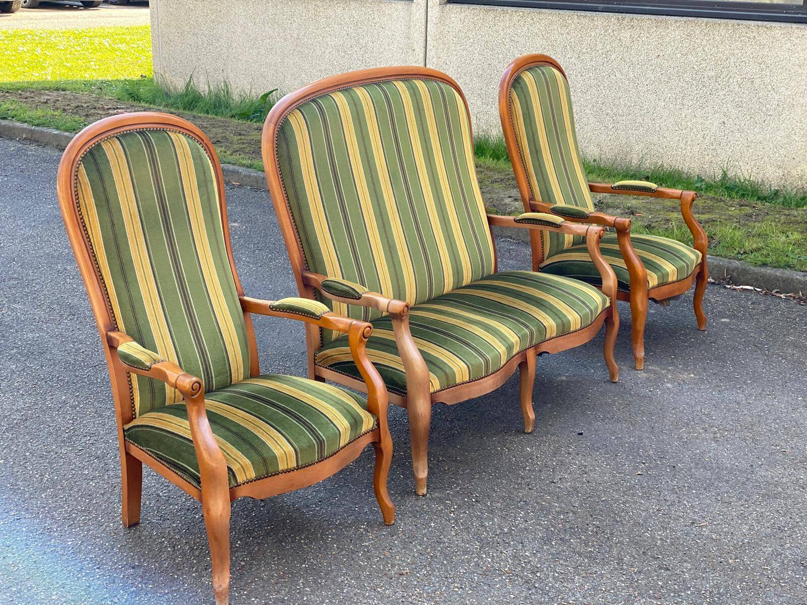 Voltaire Louis XV style living room set in green and yellow velvet with stripes
