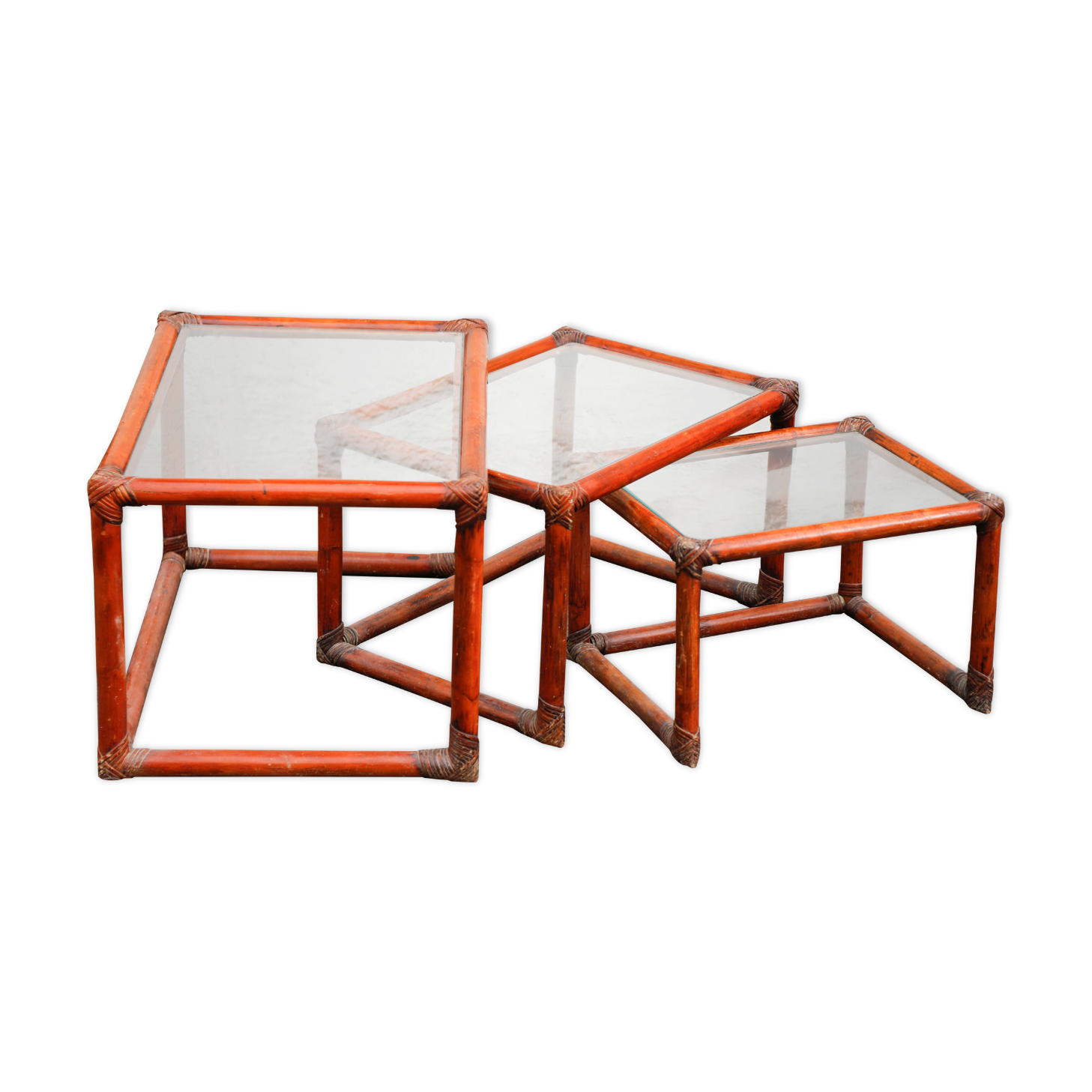 Rattan and glass side tables