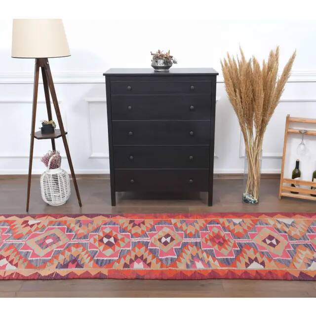 1970s Vintage Turkish Hand-Knotted Wool Cotton Pink Runner Rug 92x343