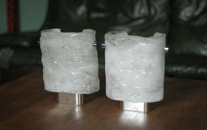 Pair of chrome wall sconces with Murano glass, wall light, art of glass, interior decoration.