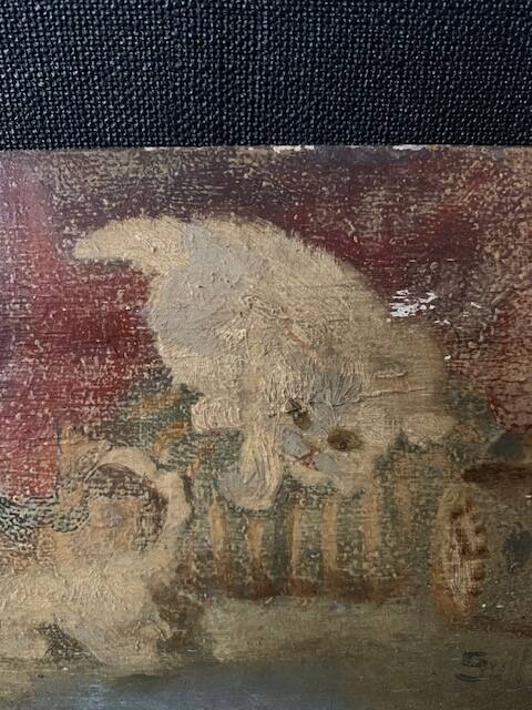 Small old signed painting, scene of cats, oil on panel, 1900