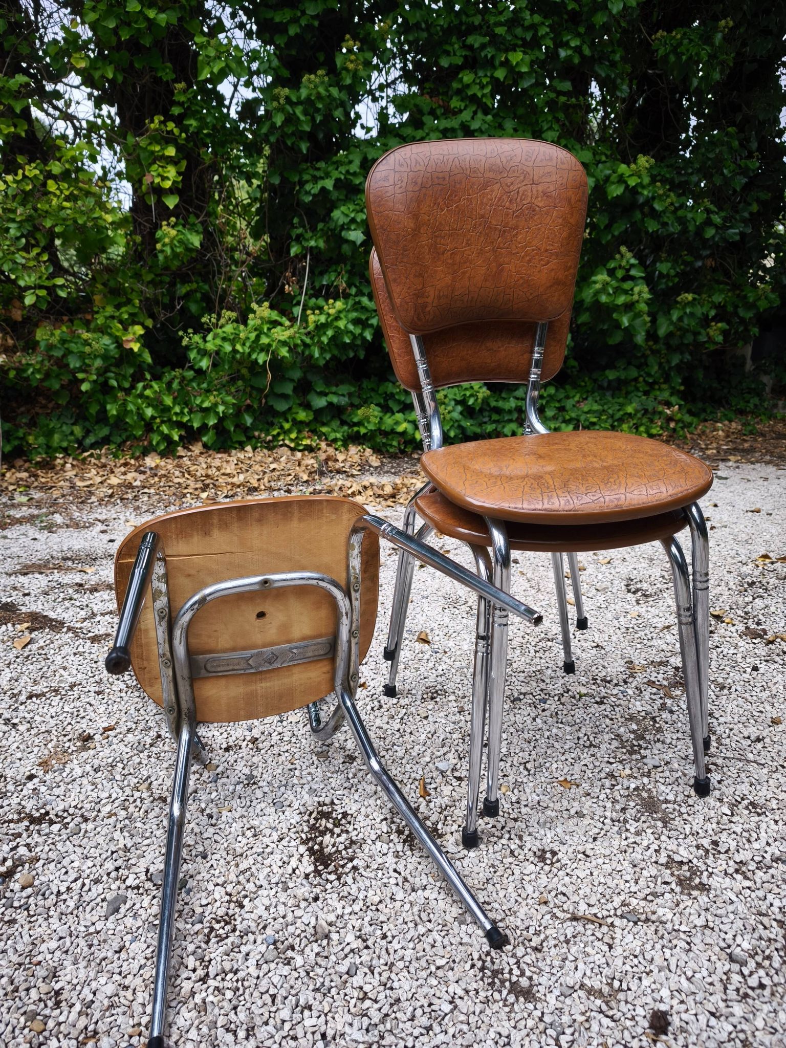 Set of 3 faux leather/steel chairs from the 50s/60s