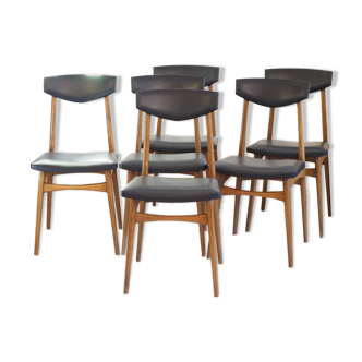 Set of 6 wooden and black leatherette chairs