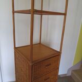 Storage column, bookcase in wood and woven rattan