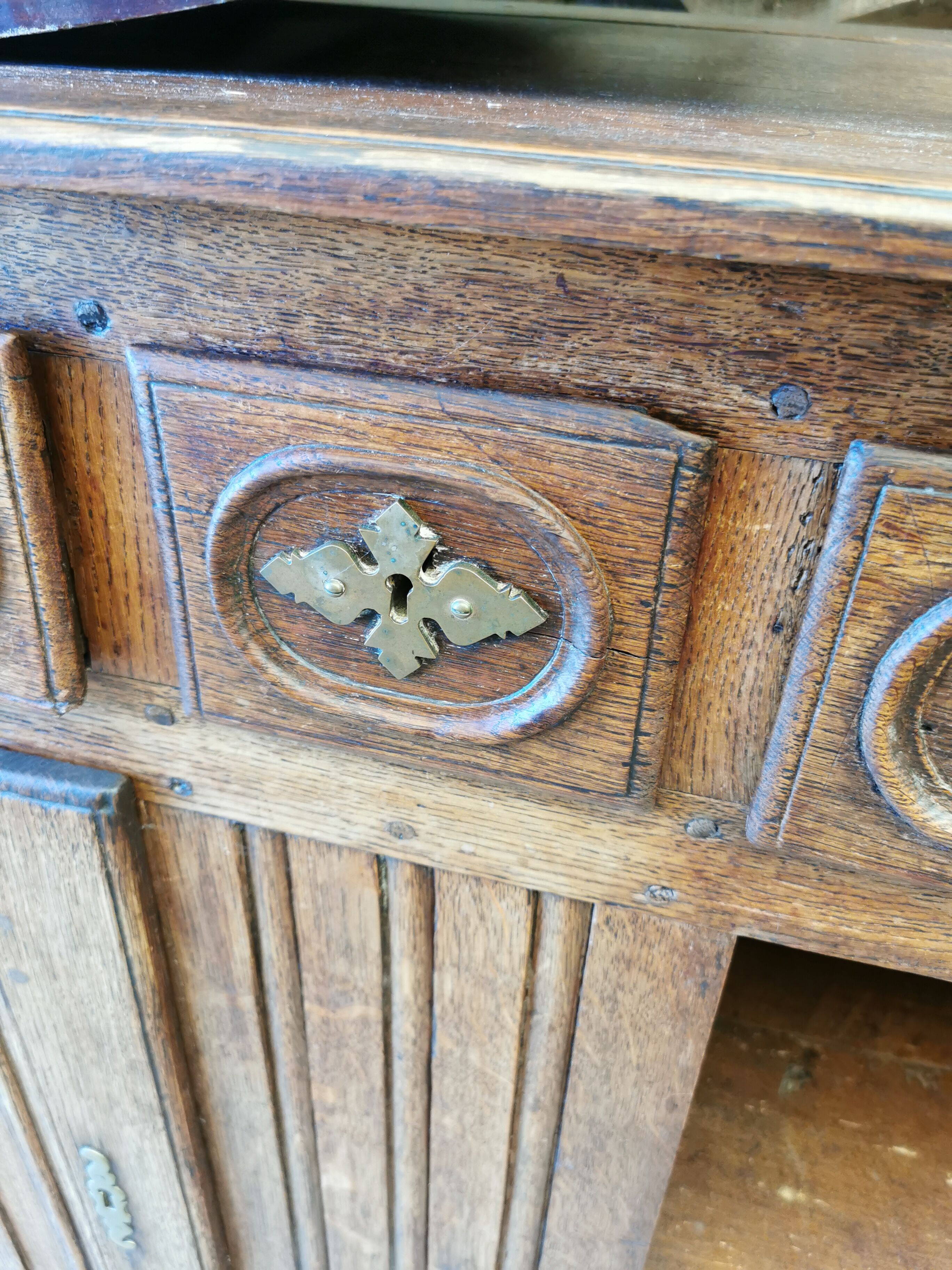 Old low buffet, 19th in rustic solid oak, carved and molded