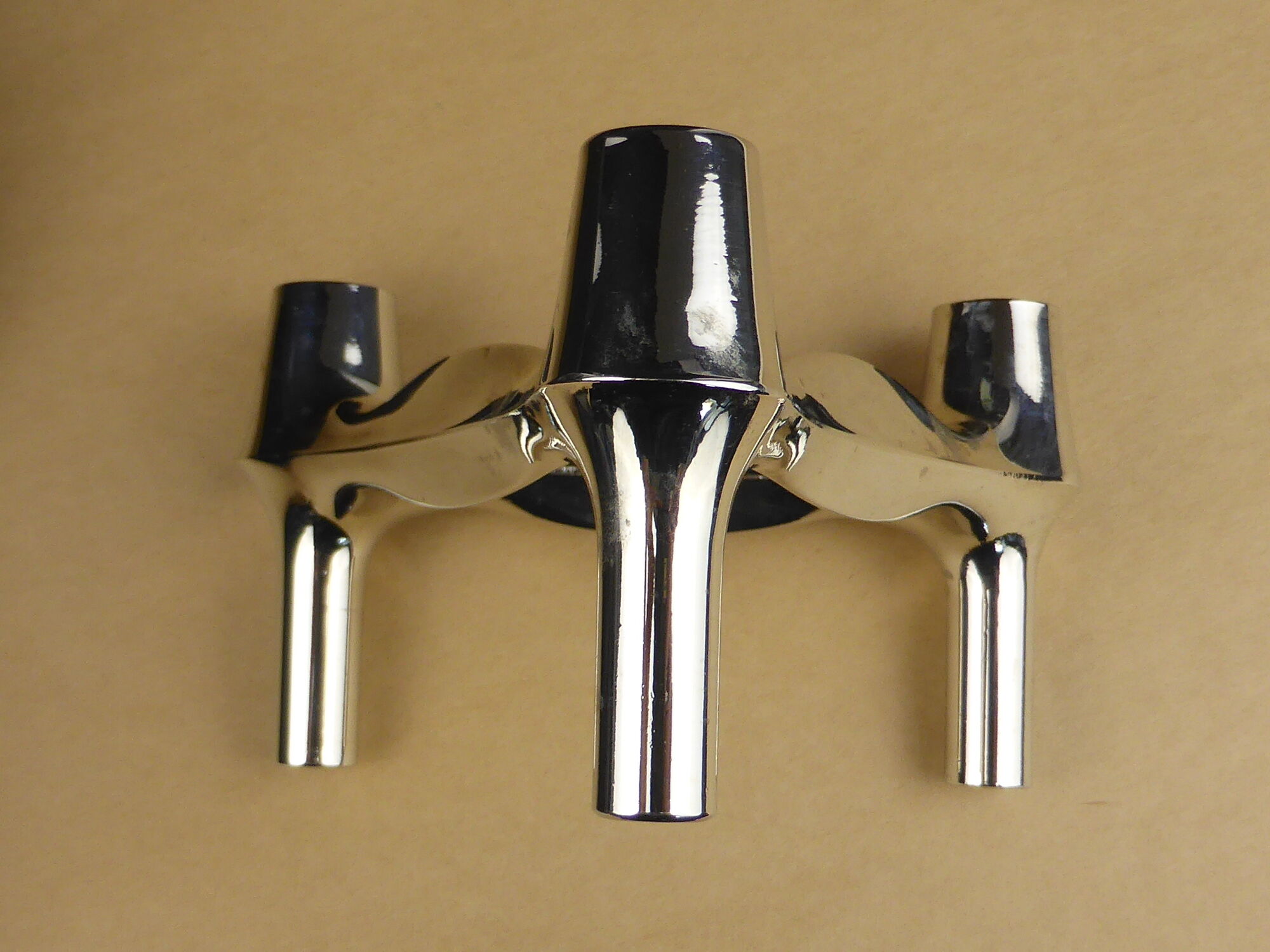 3 Combi-Leuchter chrome metal vintage candlesticks at BMF