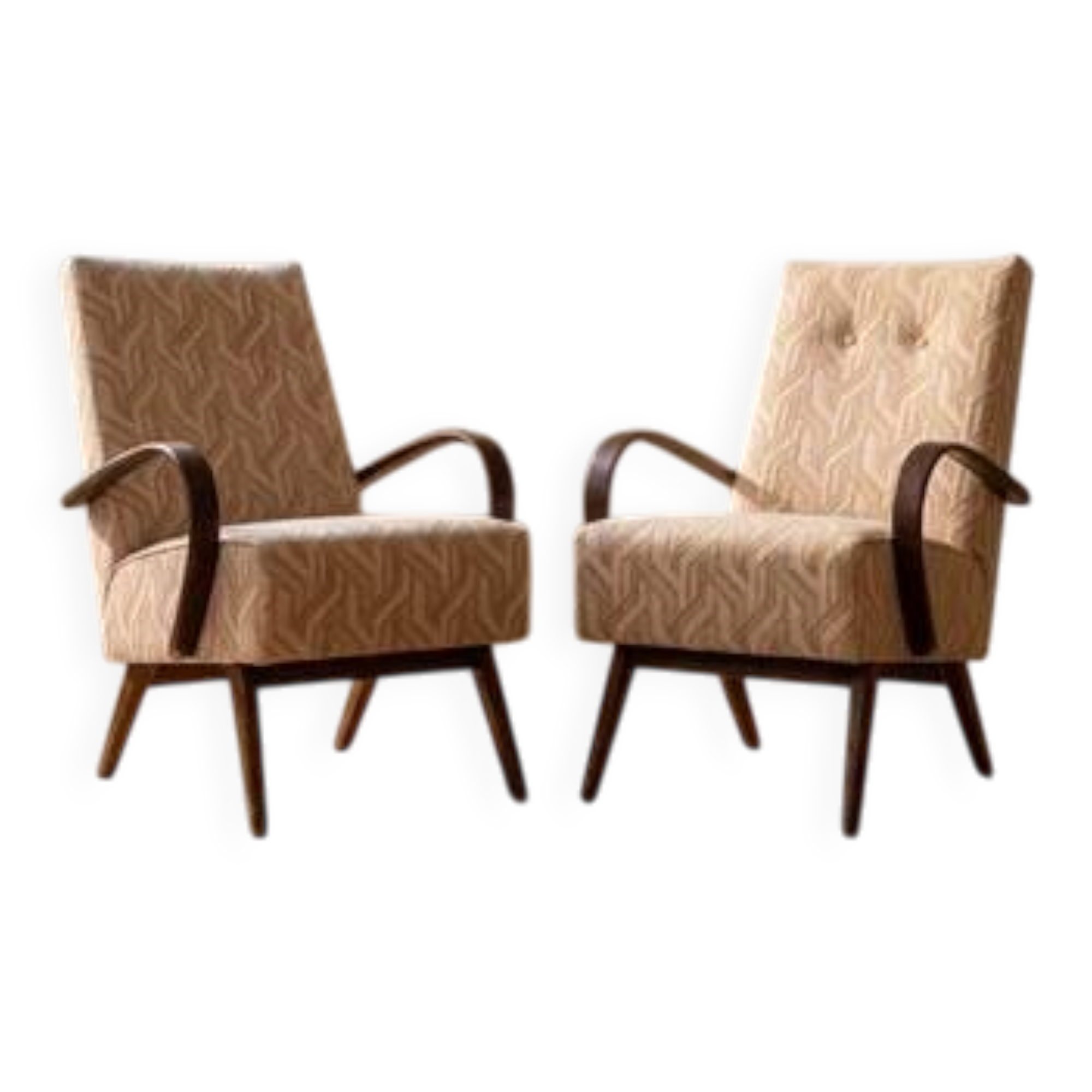 Restored bentwood armchairs by Jaroslav Šmídek, pair, Czechoslovakia, new beige patterned upholstery, 61 × 82 × 81 cm