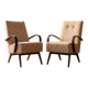 Restored bentwood armchairs by Jaroslav Šmídek, pair, Czechoslovakia, new beige patterned upholstery, 61 × 82 × 81 cm