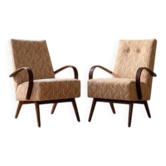 Chaises à bras en bois cintré restaurées par Jaroslav Šmídek, paire, Tchécoslovaquie, nouveau revêtement en tissu beige à motifs, 61 × 82 × 81 cm