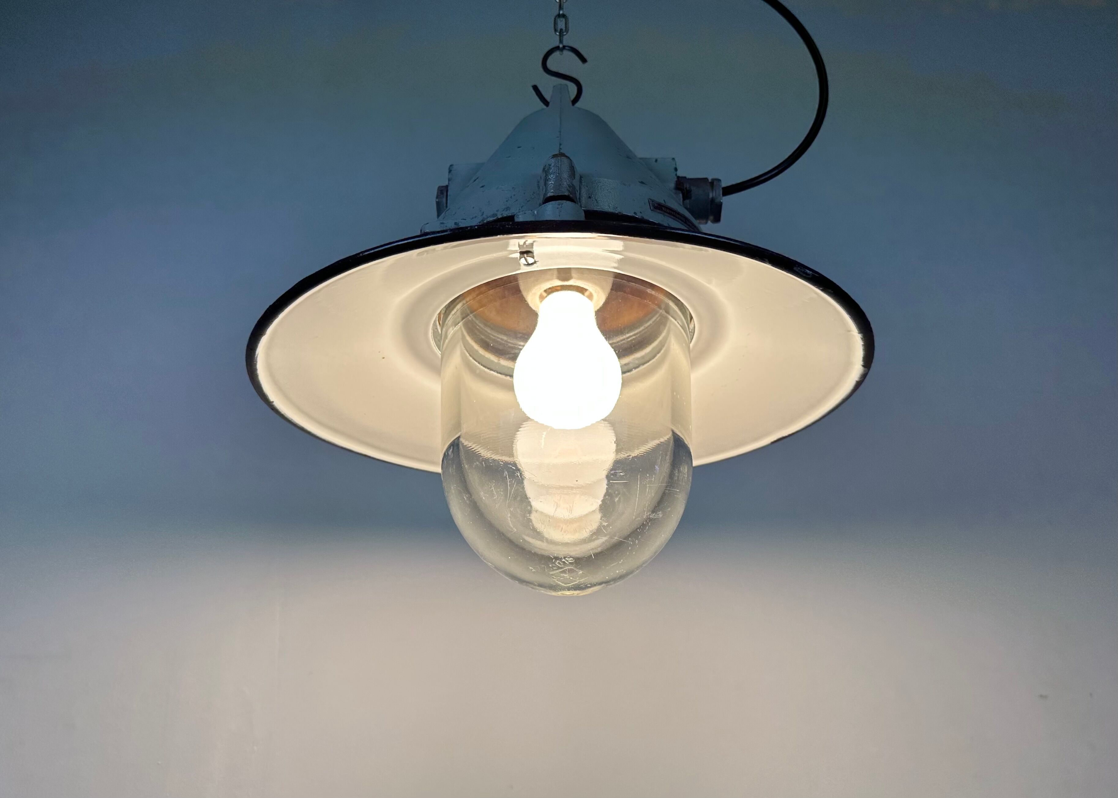 Aluminium and enameled bomb proof pendant lamp 70s