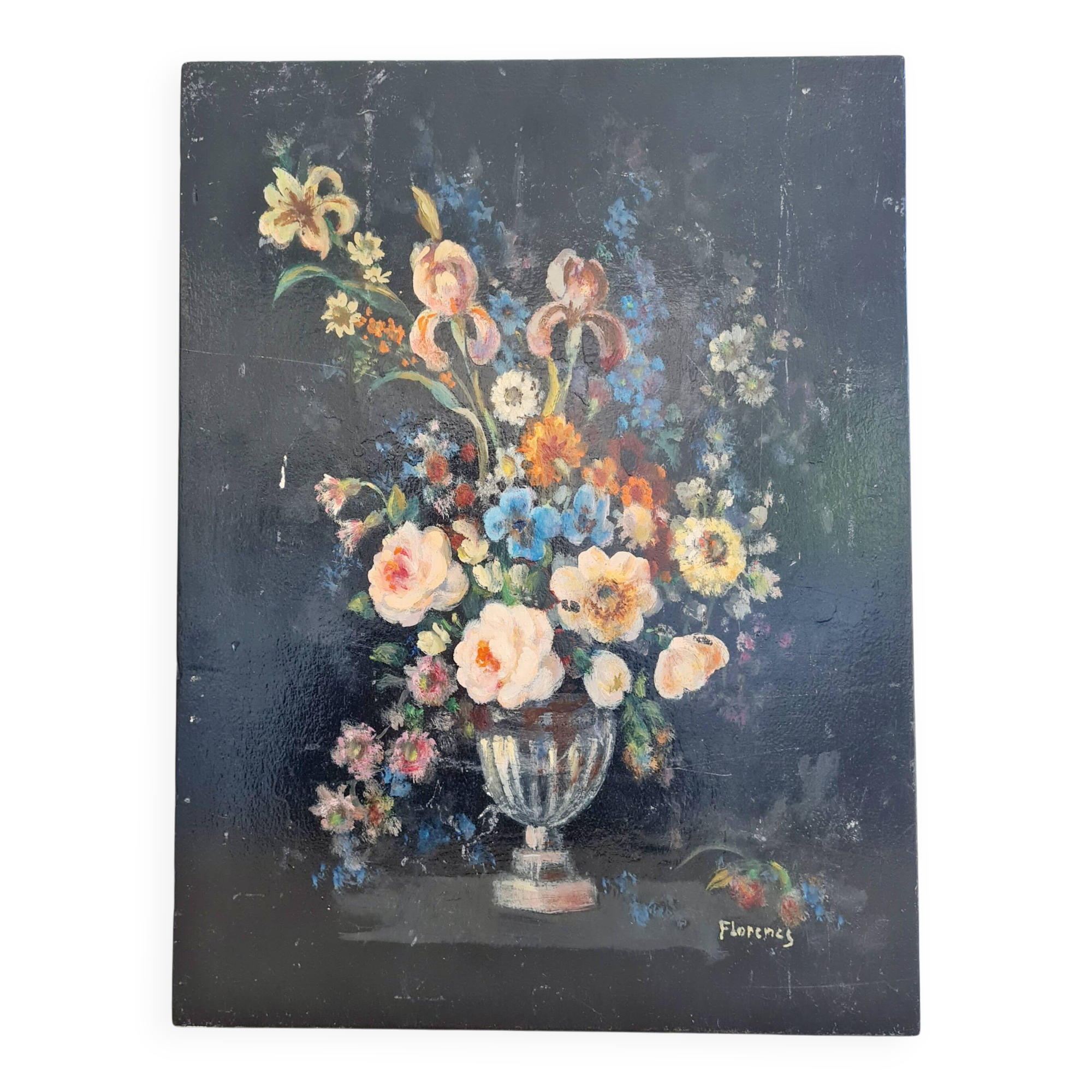 Antique painting on wood - bouquet of flowers