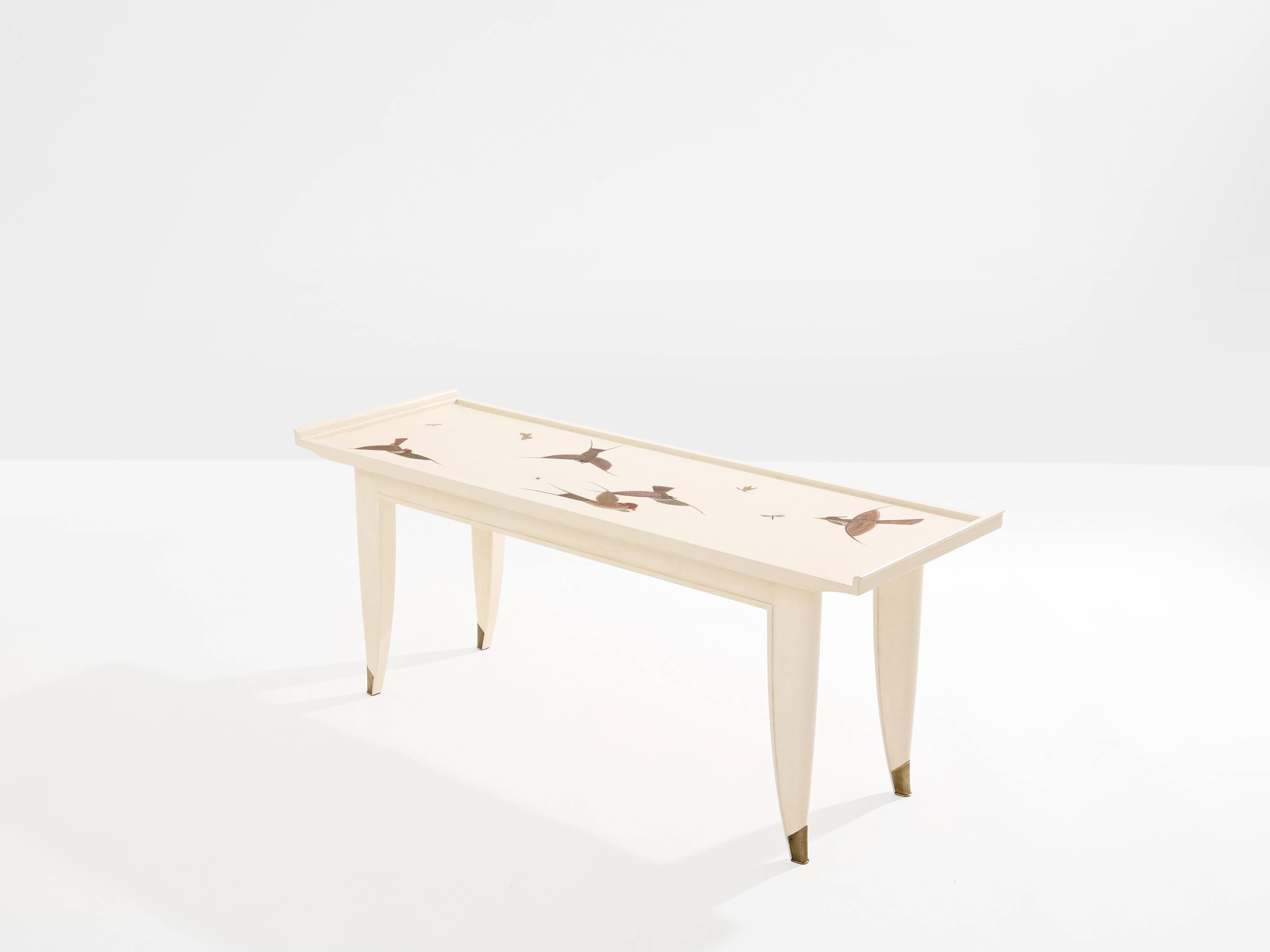 Maurice Jallot coffee table, painted oak with bird decorations, 1930.