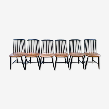Série de 6 chaises Nassjo Stolfabrik en hêtre teinté noir