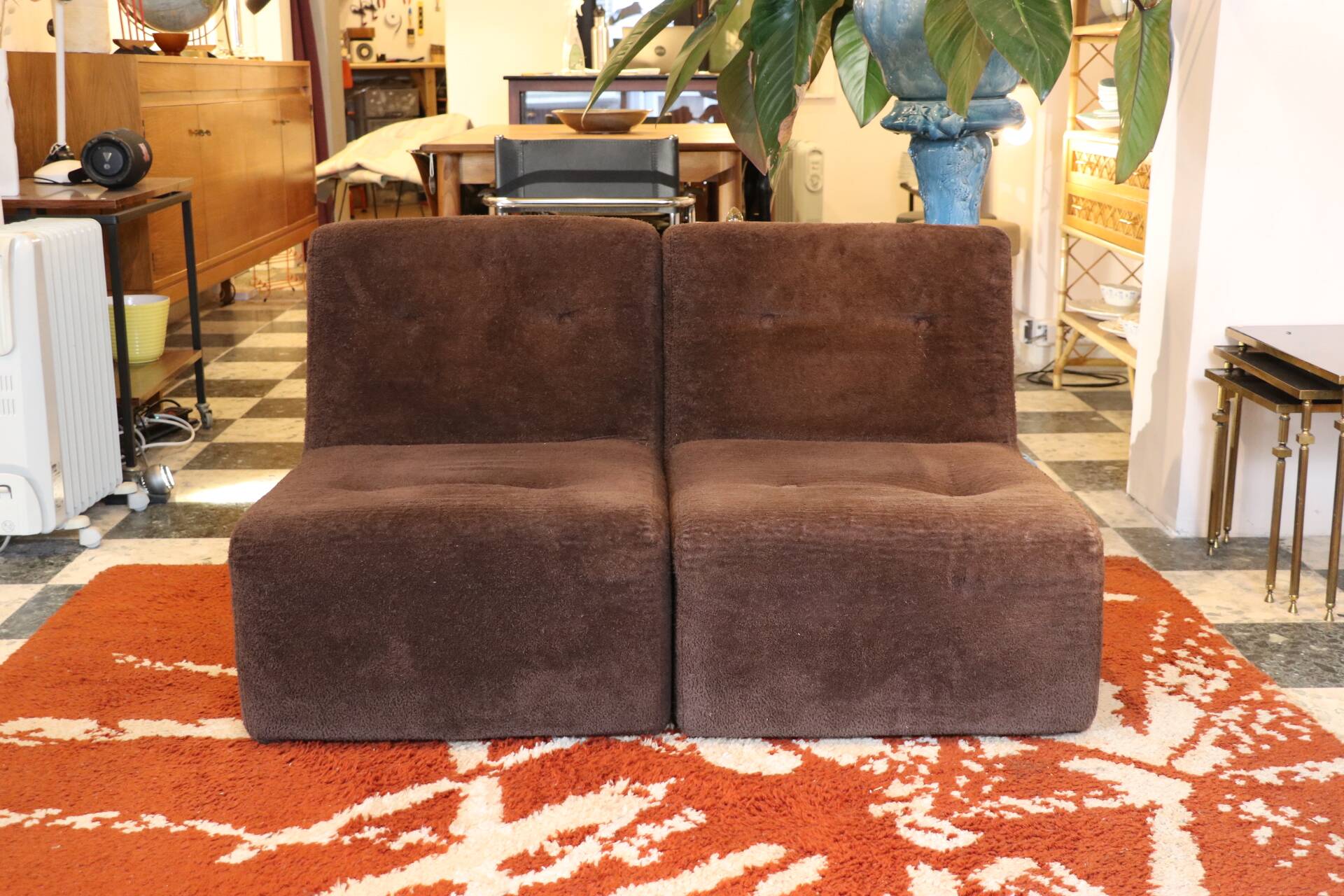 Pair of vintage brown fabric armchairs