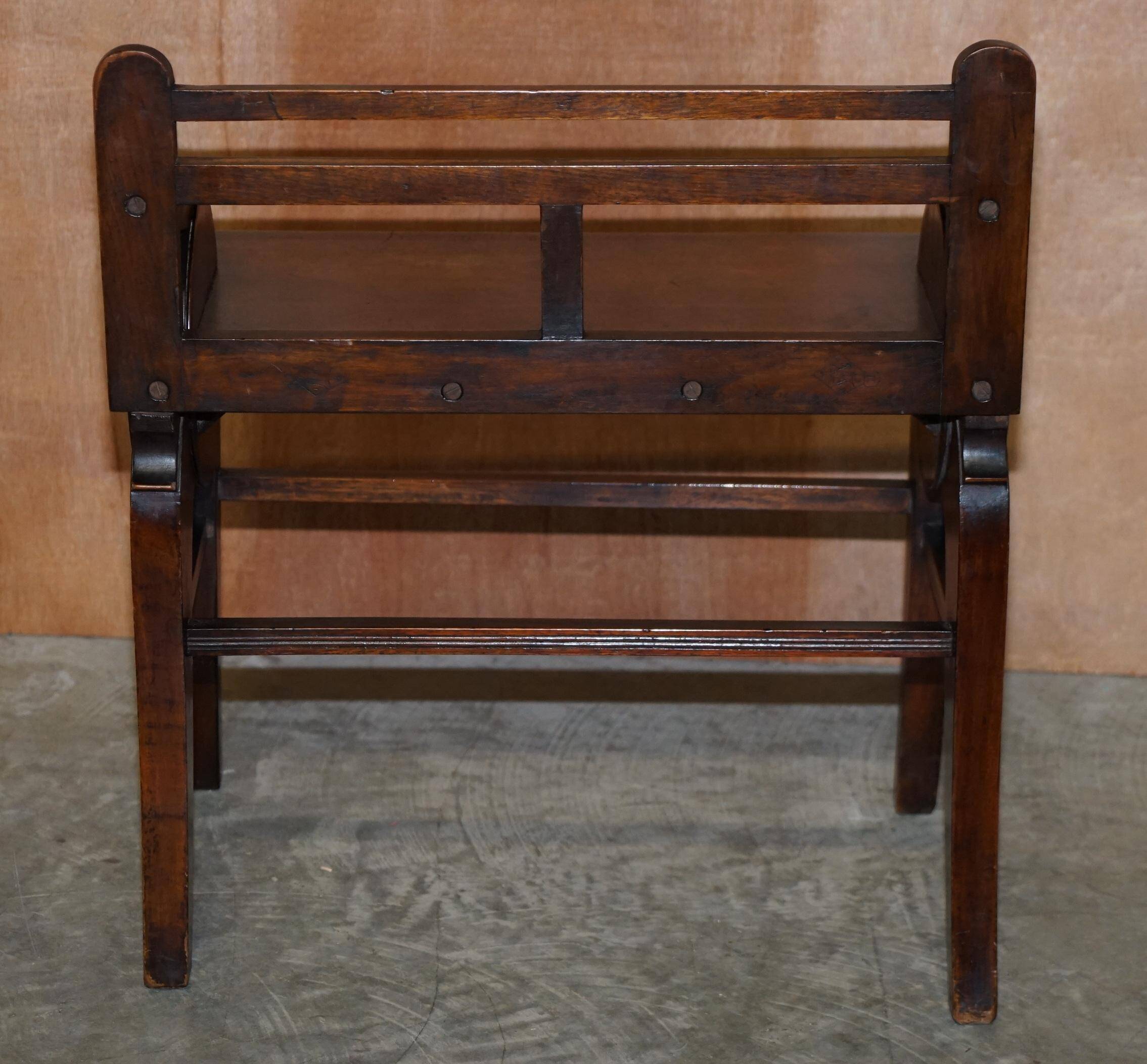 Antique entrance bench by Jas Shoolbred with brass fittings and walnut frame circa 1890.