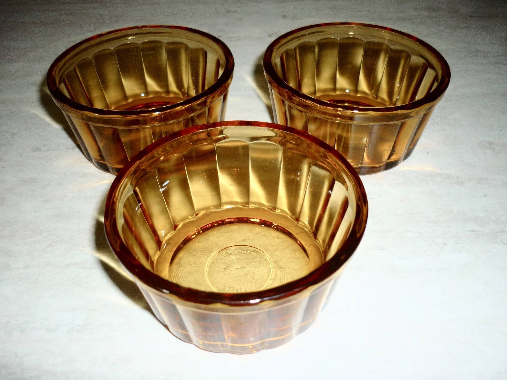 3 vintage Vereco amber glass ramekins