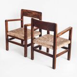Pair of rustic armchairs in solid wood and straw seats. France, 1940s