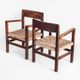 Pair of rustic armchairs in solid wood and straw seats. France, 1940s