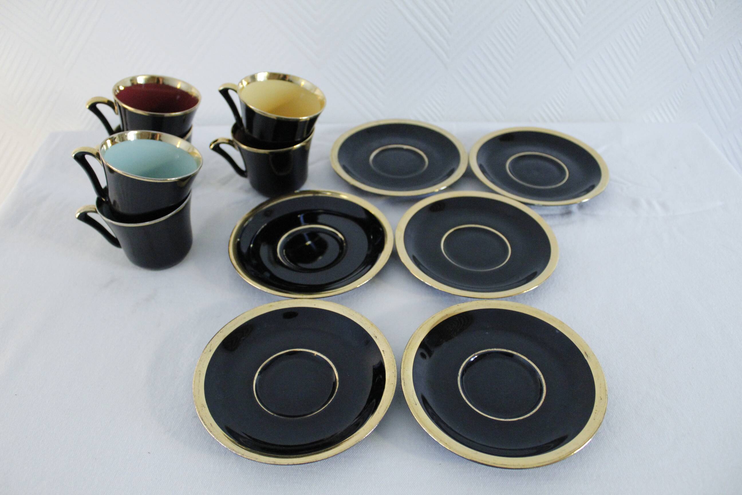 Porcelain coffee set - Porcelac - 6 cups + saucers - black and colors